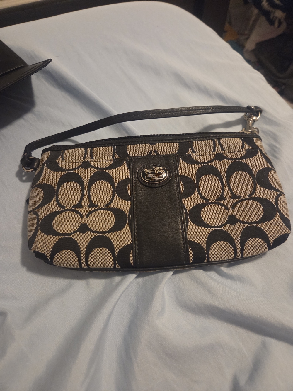 Coach Khaki and Black Signature Canvas Wristlet